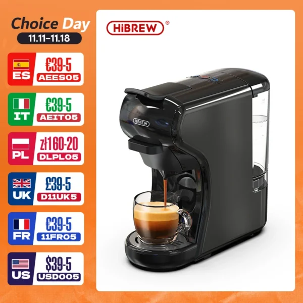 HiBREW Coffee Machine 19 Bar 4in1 Hot & Cold Multiple Capsule Espresso Cafetera Pod Coffee Maker Dolce Milk Nexpresso
