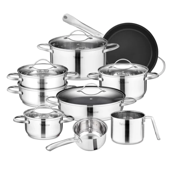 Velaze Cookware Set Stainless Steel 8/9/14 Piece Cooking Pot Pan Set Induction Safe Saucepan Casserole with Glass lid Non Stick