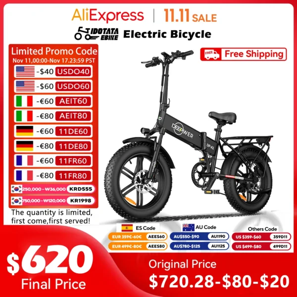 IDOTATA EU Delivery 1000W Electric Bike 48V 20AH Folding Mountain Ebike  36MPH